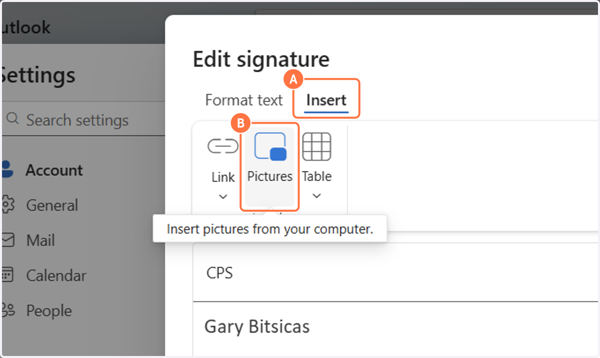 A. Place your cursor where you want the CPS logo. Select Insert B. Select Pictures.
