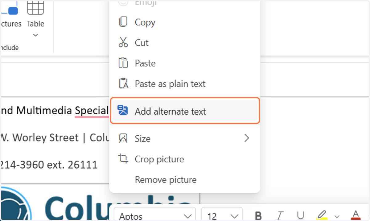 Right mouse click on the logo. Select "Add alternate text"