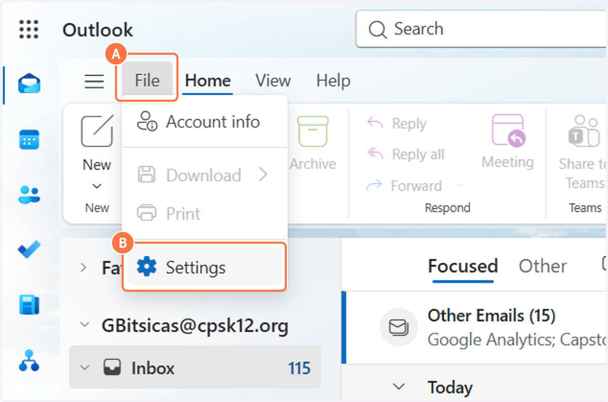 A. Select File. B. Select Settings.