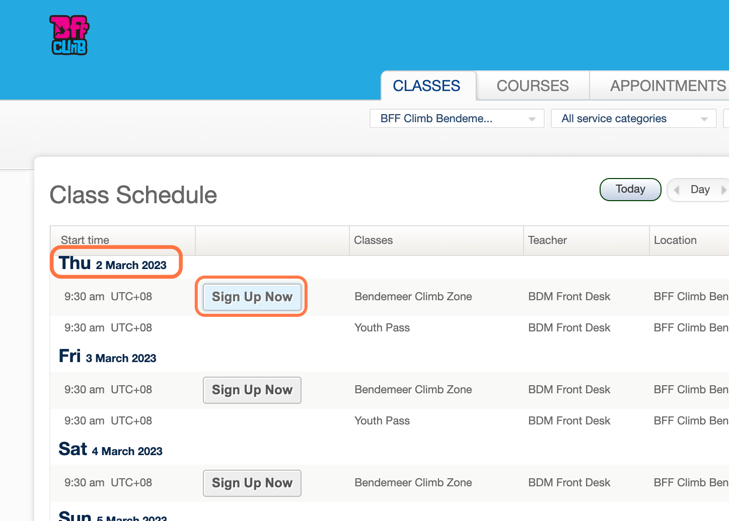 Select the day you would like to book for your friend. Click Sign Up Now