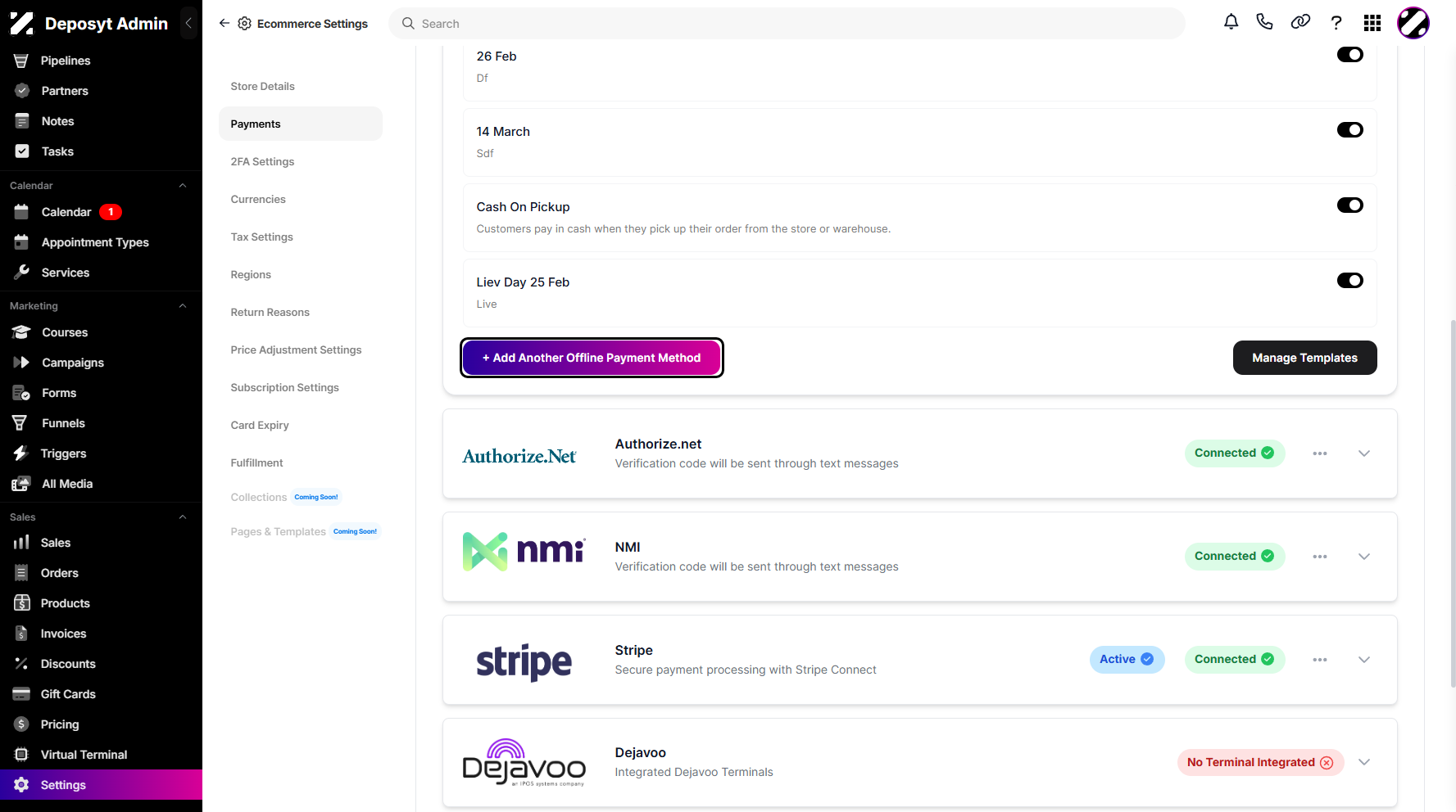 Step 5: Scroll down and click + Add Another Offline Payment Method to proceed.