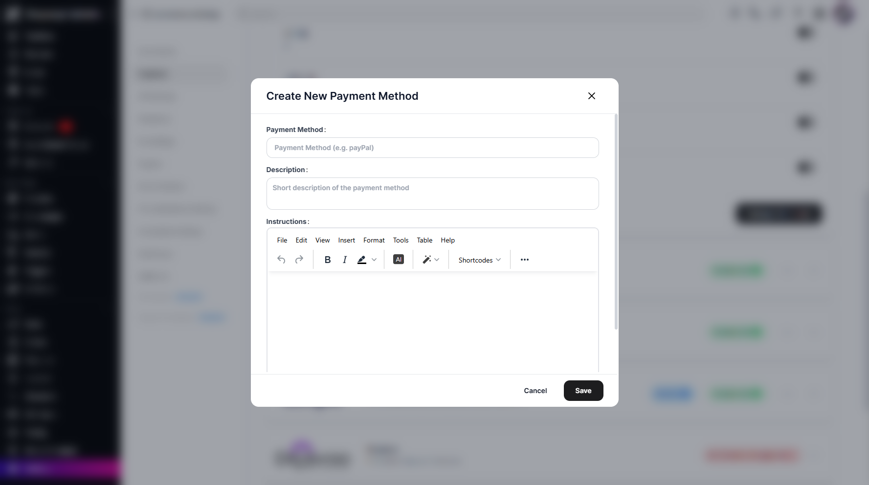 Step 6: A pop-up window will appear, prompting you to enter the payment method title, description, and optional instructions.