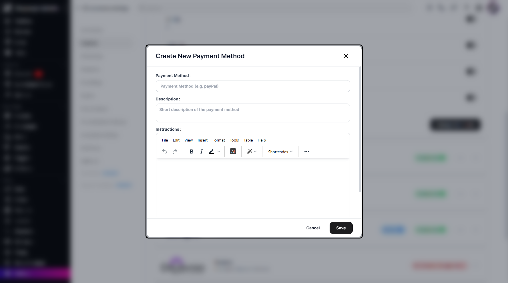 Step 6: A pop-up window will appear, prompting you to enter the payment method title, description, and optional instructions.