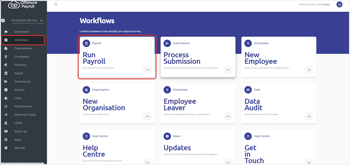 Navigate to the 'Workflows' screen on the main menu on the left