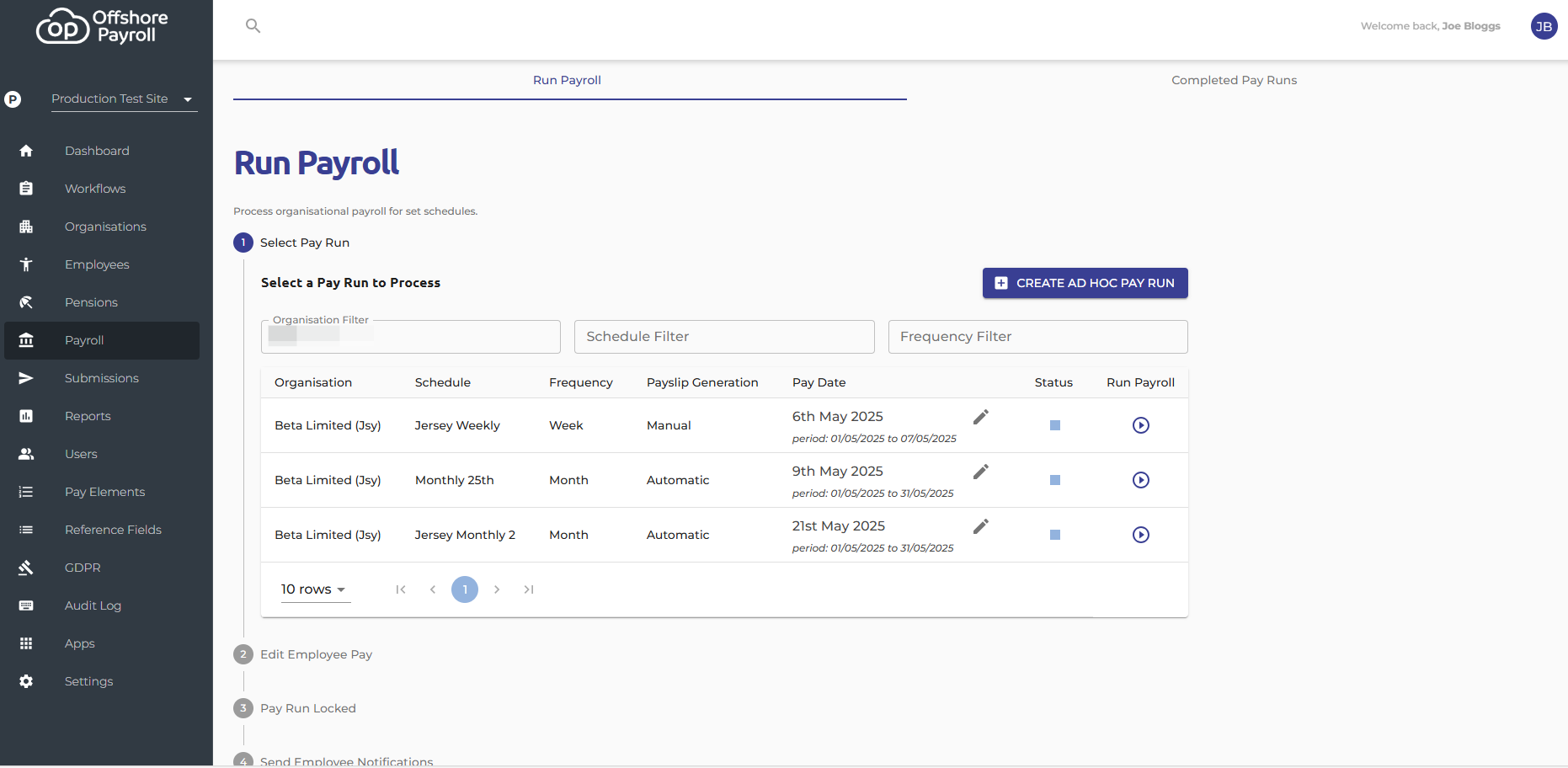 At the top right of the screen you will see two areas 'Run Payroll' and 'Completed Pay Runs'