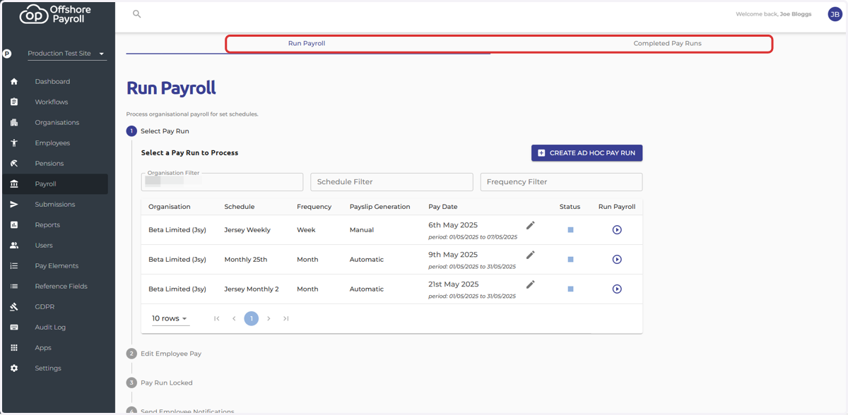 At the top right of the screen you will see two areas 'Run Payroll' and 'Completed Pay Runs'