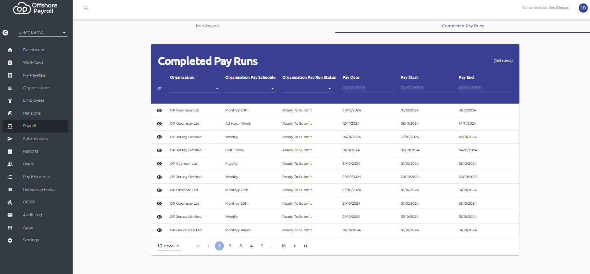 Example of the completed payroll screen