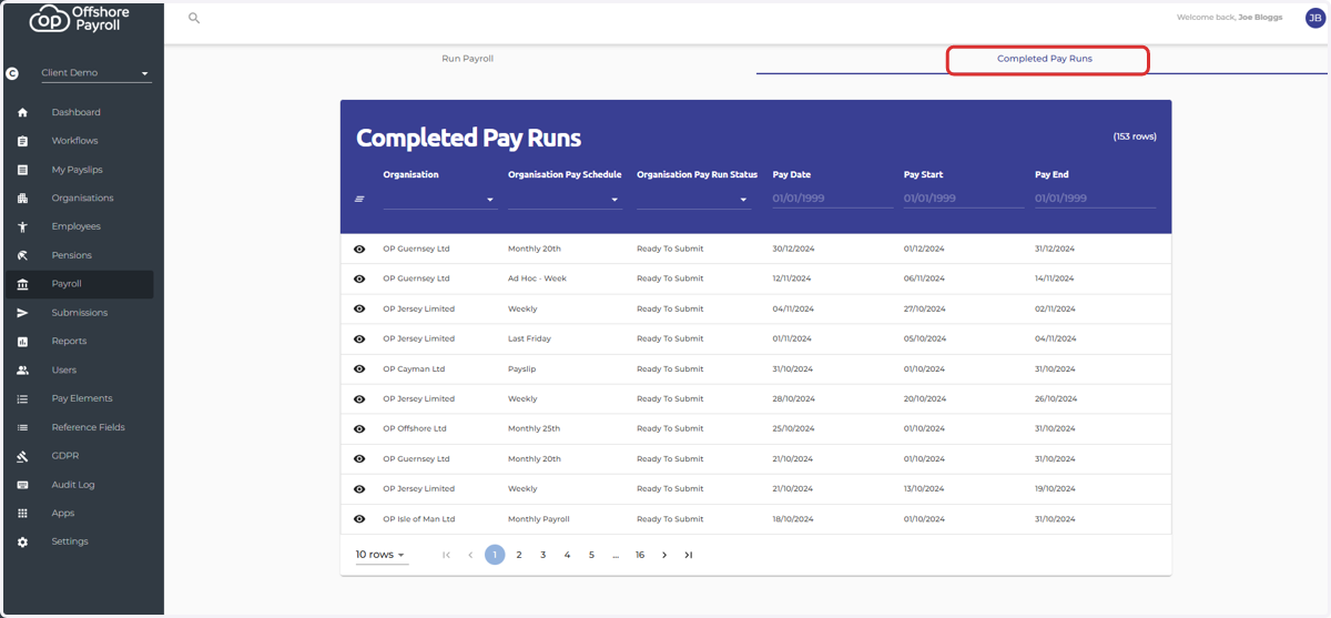 Example of the completed payroll screen