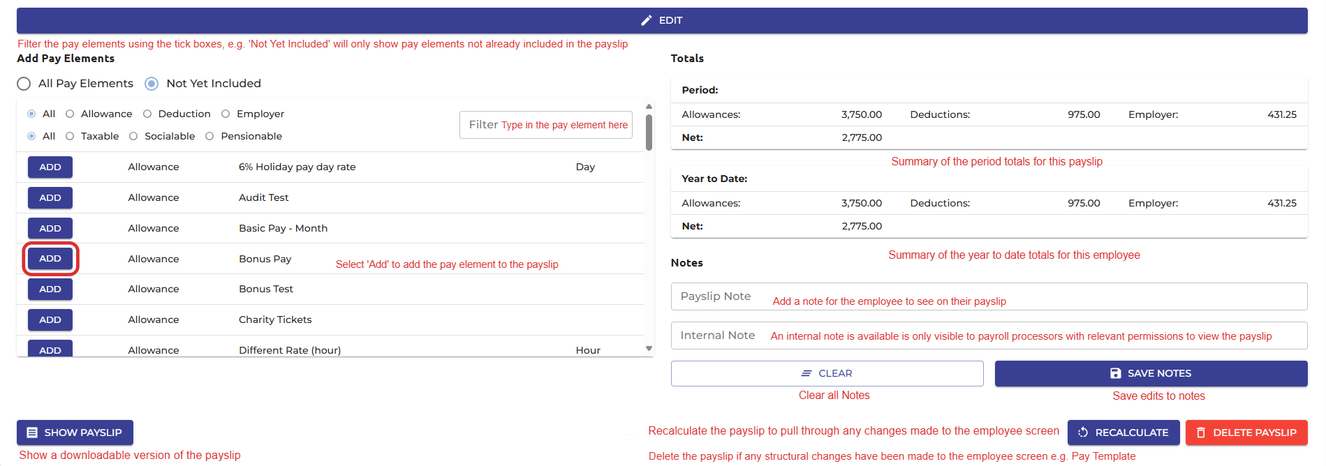An example payslip accompanied by an explanation of each field