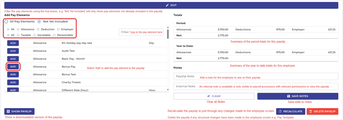 An example payslip accompanied by an explanation of each field