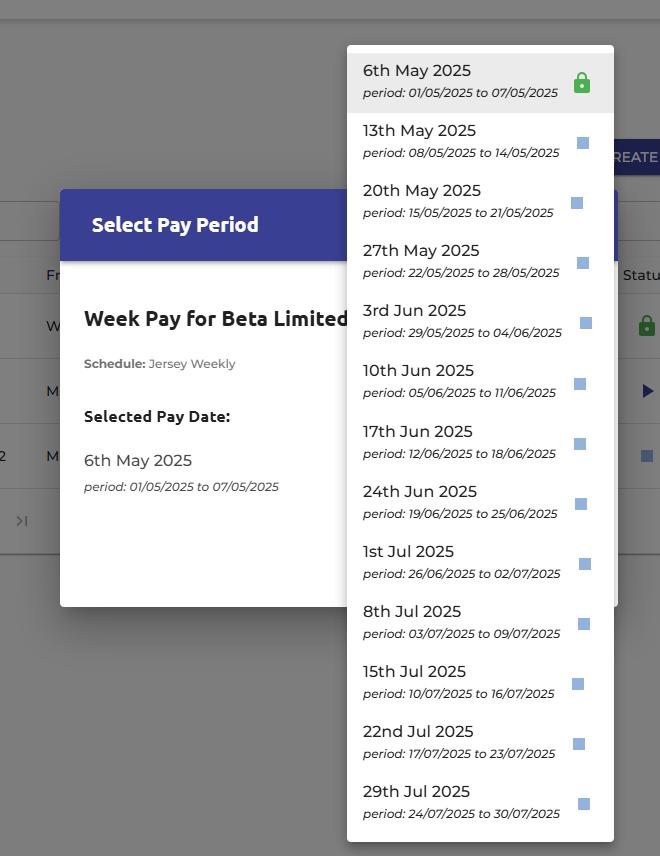 Example of a list of future pay runs