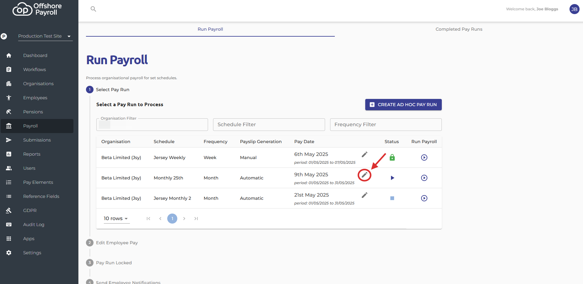 Click the pencil icon to review your future pay runs