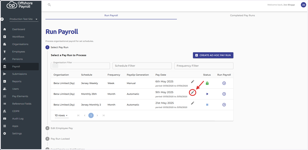 Click the pencil icon to review your future pay runs
