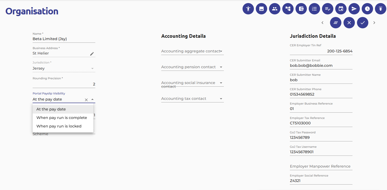 The payslip portal visibility is set at organisation level