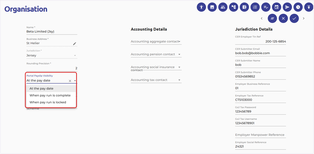 The payslip portal visibility is set at organisation level