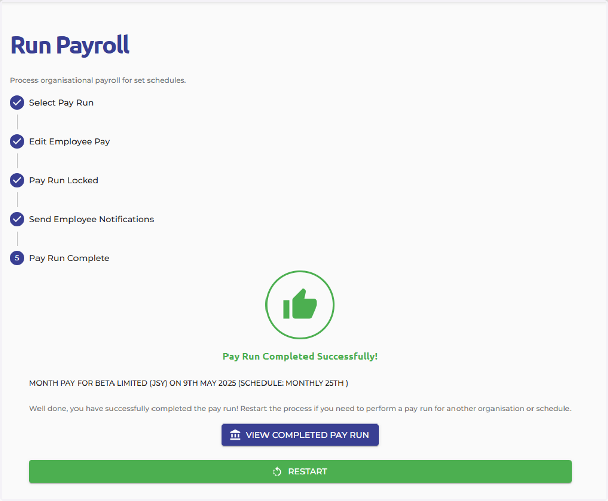 It’s important to complete all the payroll steps until you see the large green thumbs-up icon on your screen. This indicates that your payroll has been successfully finalised.