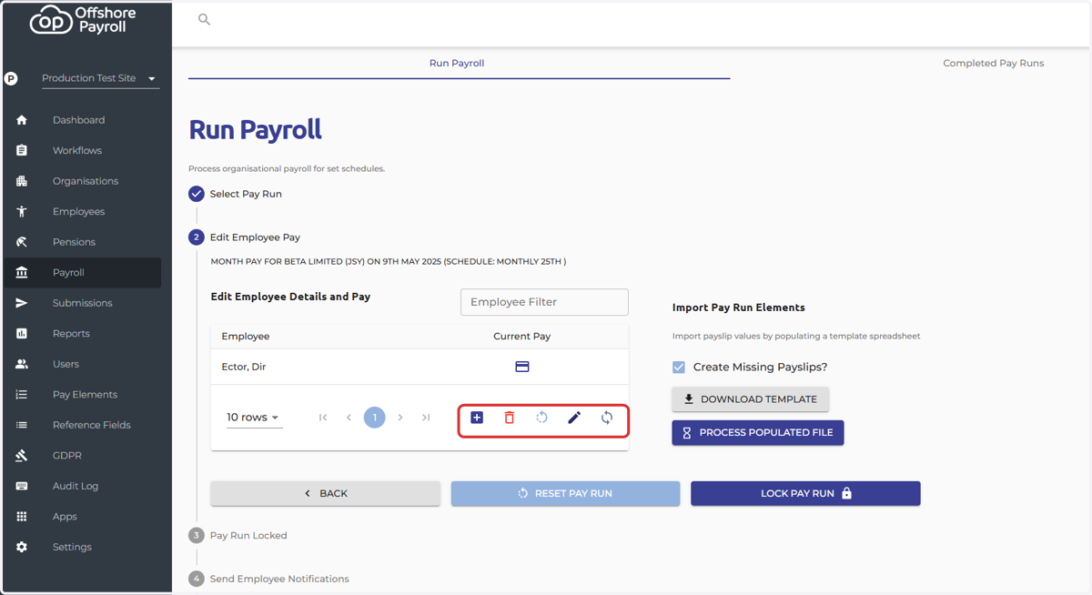 There are various features within the payroll process, below is a description of each icon. If you hover over the icons their titles will appear.