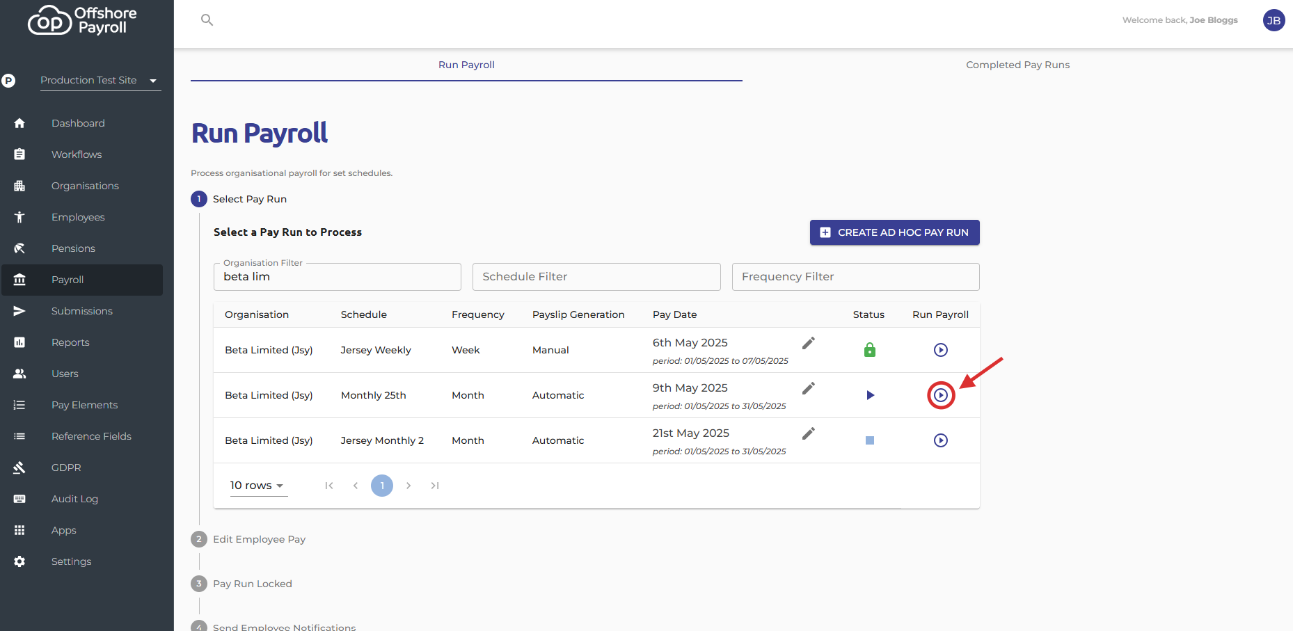 Select the 'Run Payroll' icon to start the payroll process