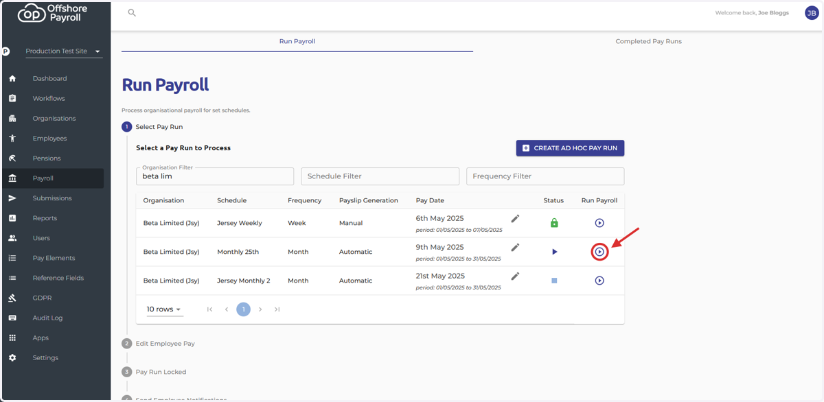 Select the 'Run Payroll' icon to start the payroll process