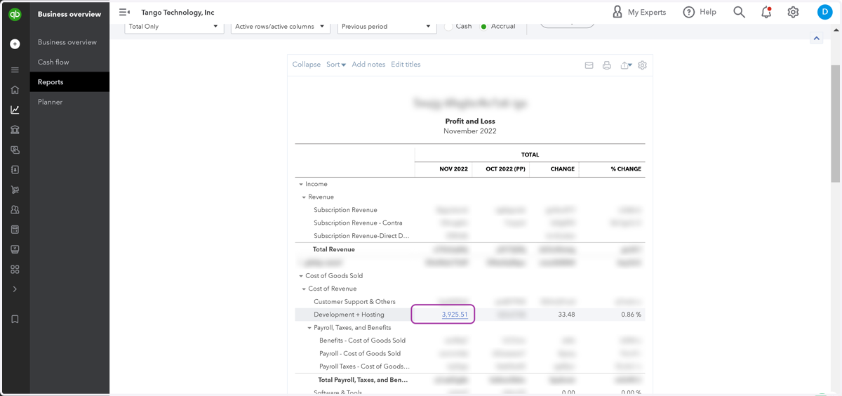 To drill down on a cost center, click on a number (e.g. 3,925.51)