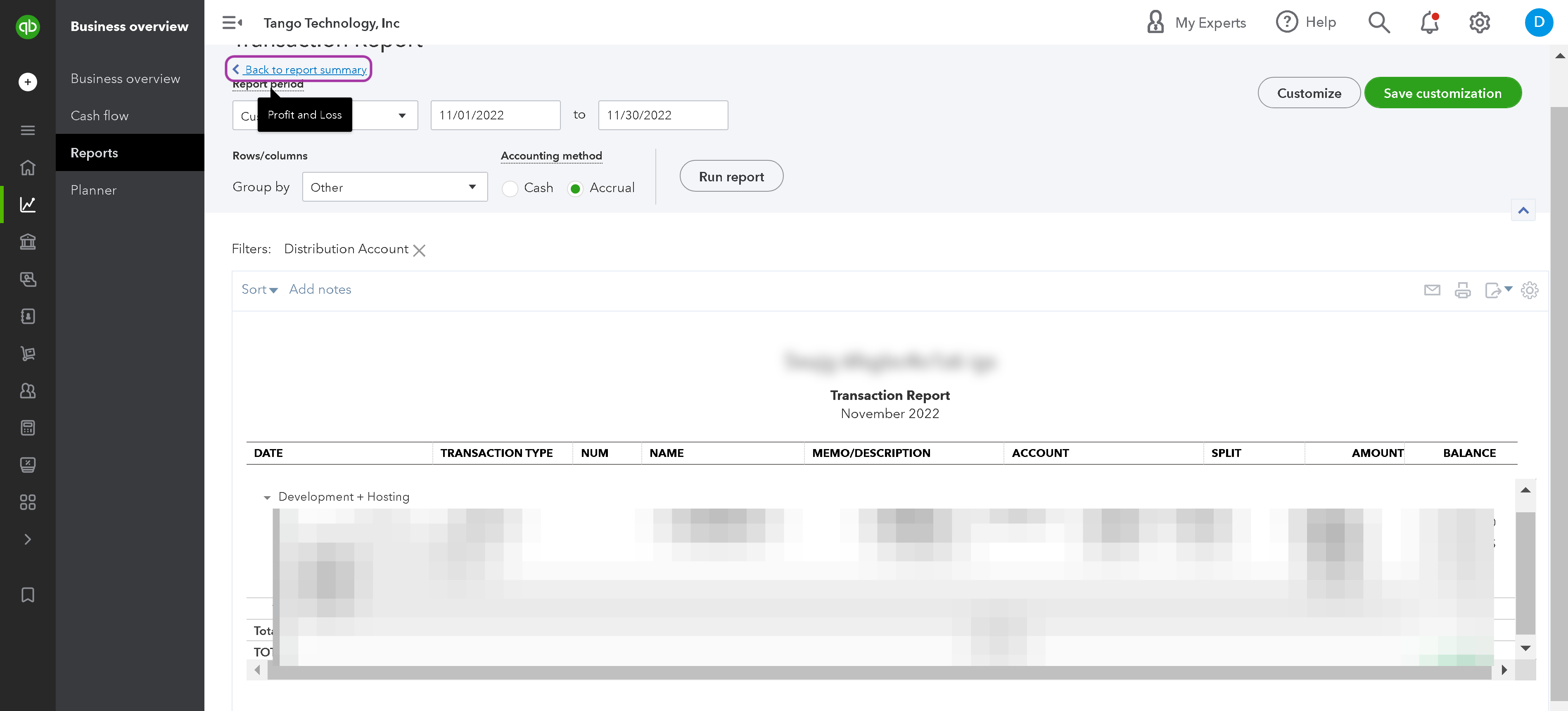 Click "Back to report summary" to go back to the P&L