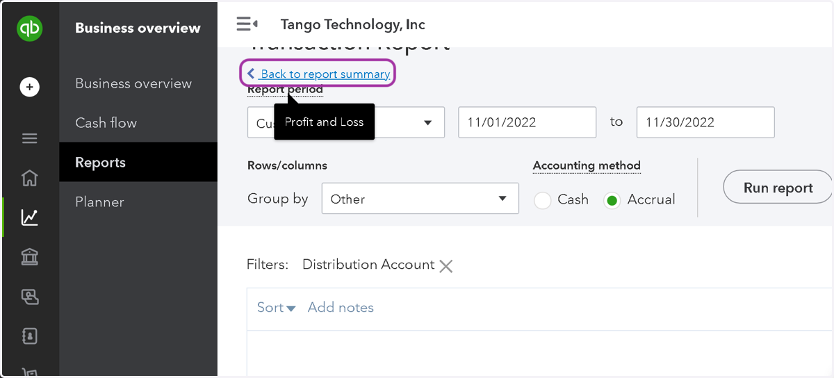 Click "Back to report summary" to go back to the P&L