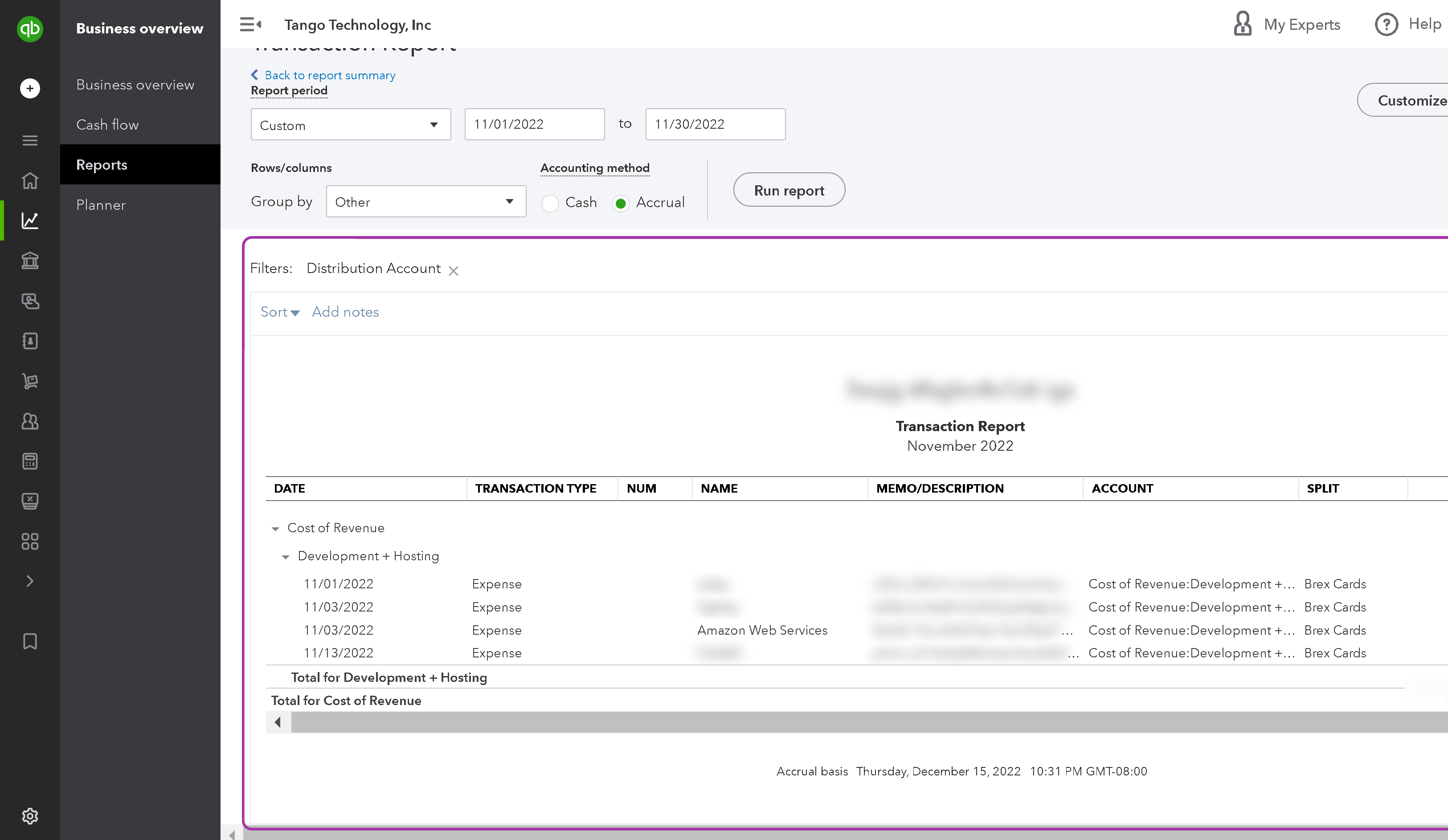 The Transaction Report shows all the transactions in that GL account during that time period