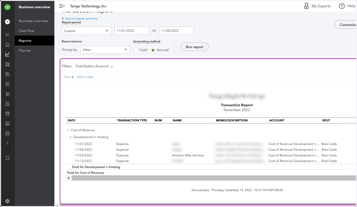 The Transaction Report shows all the transactions in that GL account during that time period