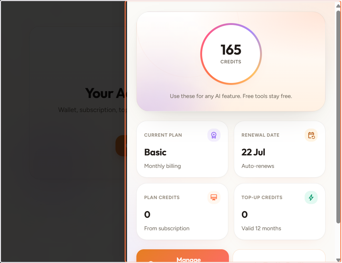 Here you can view detailed information about your available AI credits, subscription details, top-ups, and wallet information.