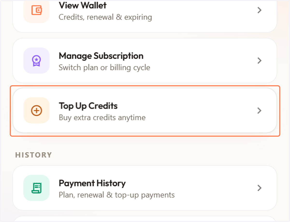 Need more AI credits? Click on "Top Up Credits" to add extra credits without changing your current subscription plan.
