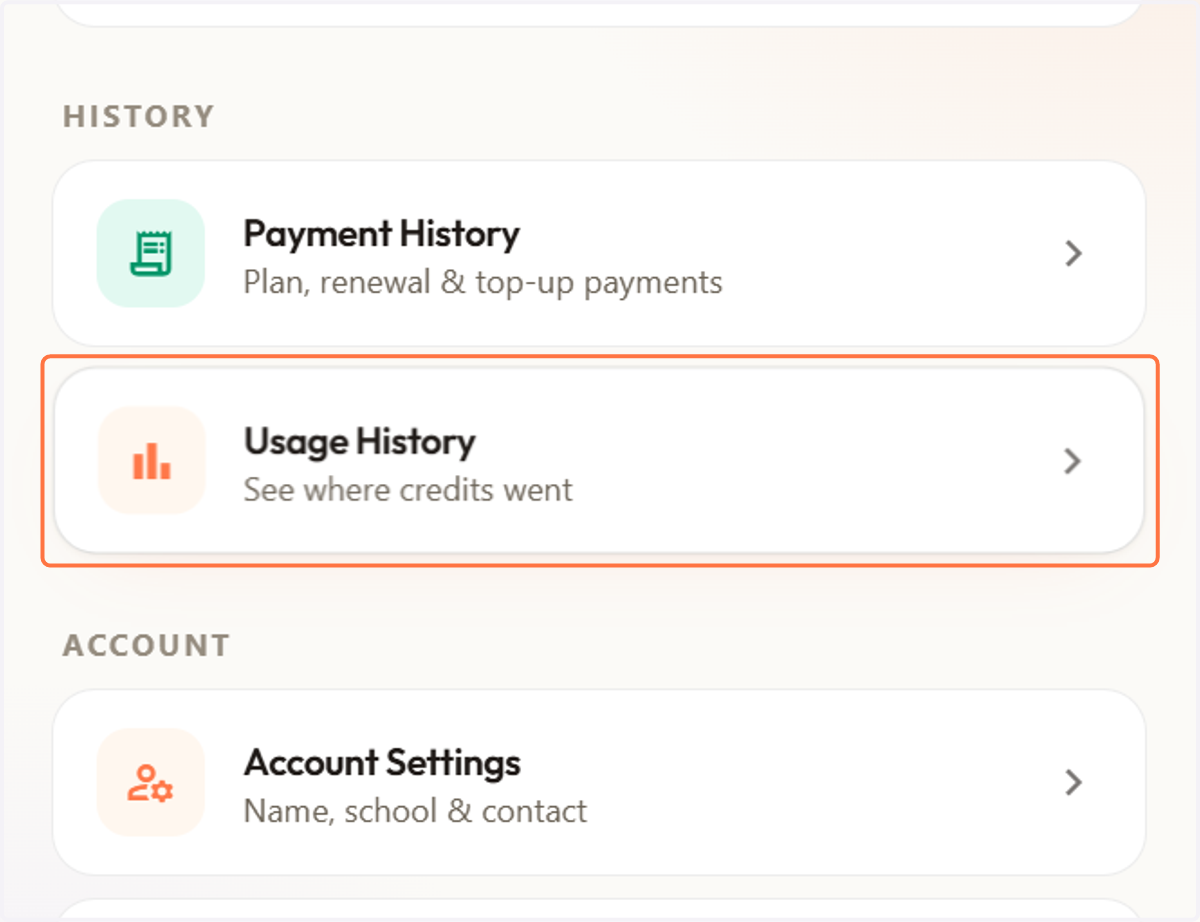 Click on "Usage History" to see how your AI credits have been used across different features and resources.