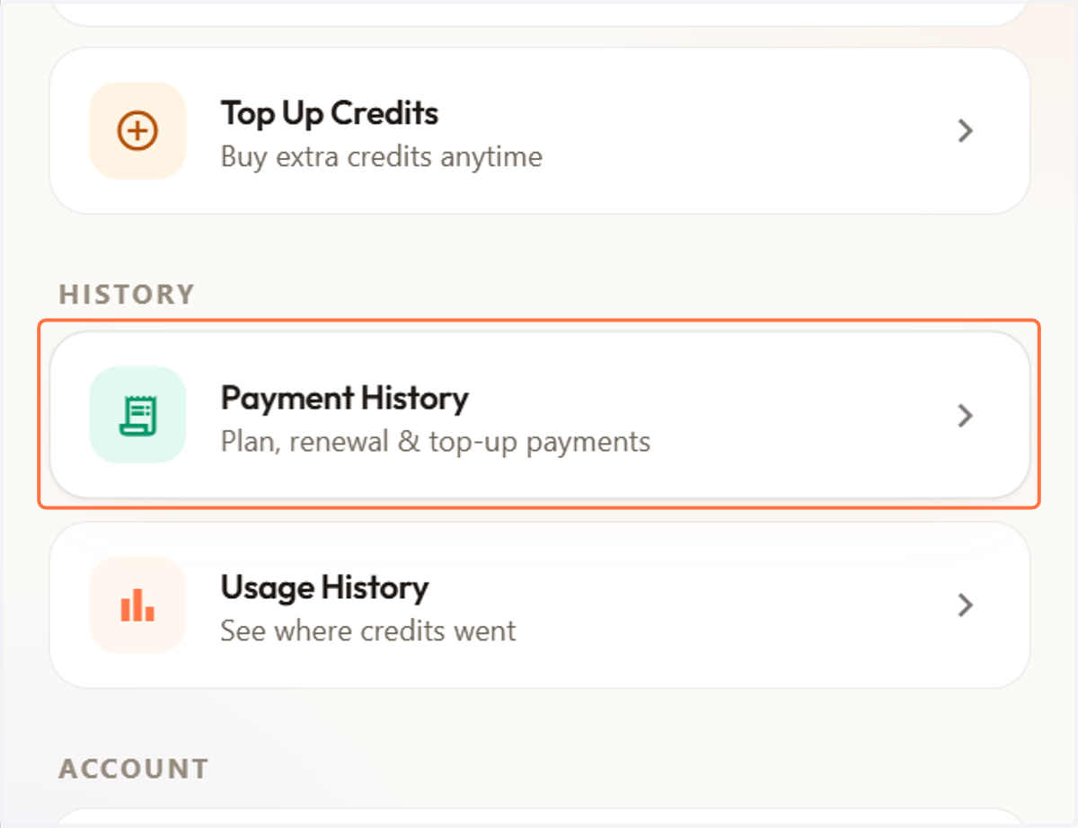 Here, you can view the complete history of your subscriptions, renewals, and top-up payments.