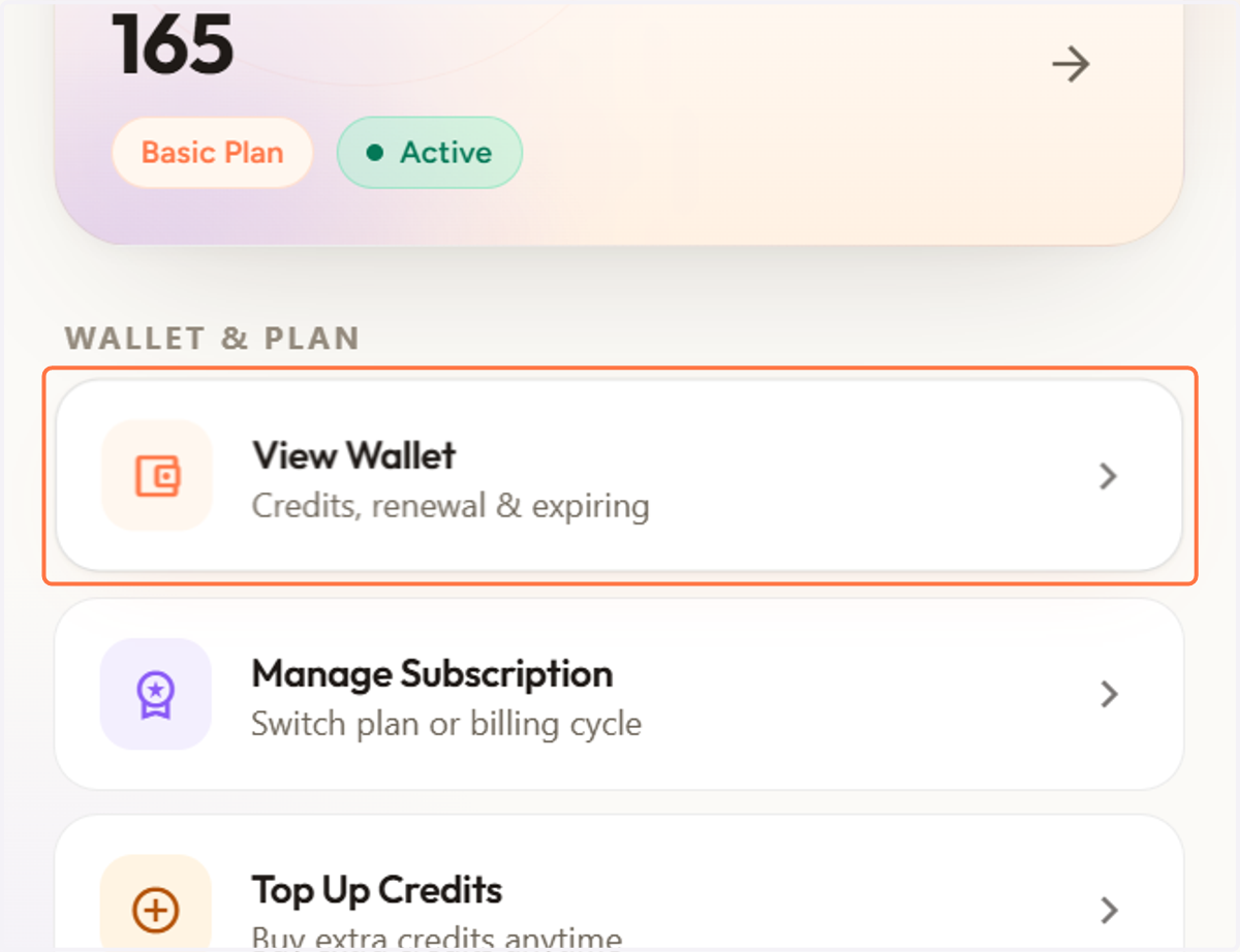 Click on "Wallet" to access your credits, subscription details, top-ups, and wallet information.