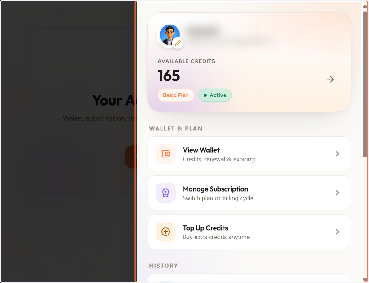 You will be taken to the Account Panel, where you can access and manage all your account information, subscriptions, credits, and settings.