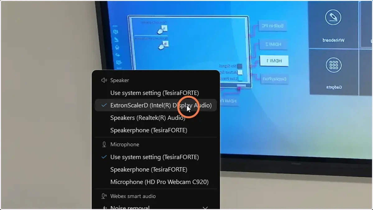 For the speakers, ensure that "ExtronScalerD" is selected.