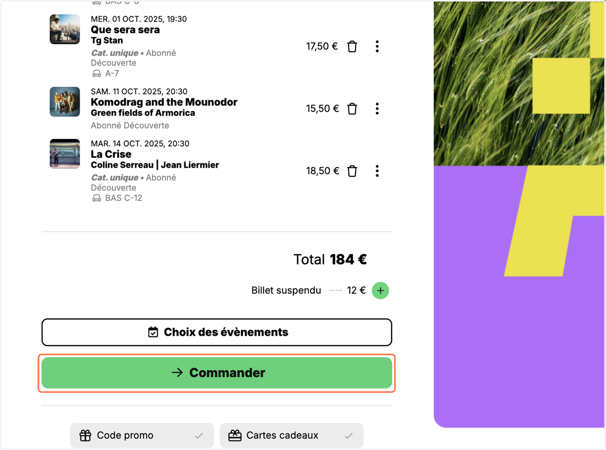 Pour finaliser votre commande, cliquez sur commander