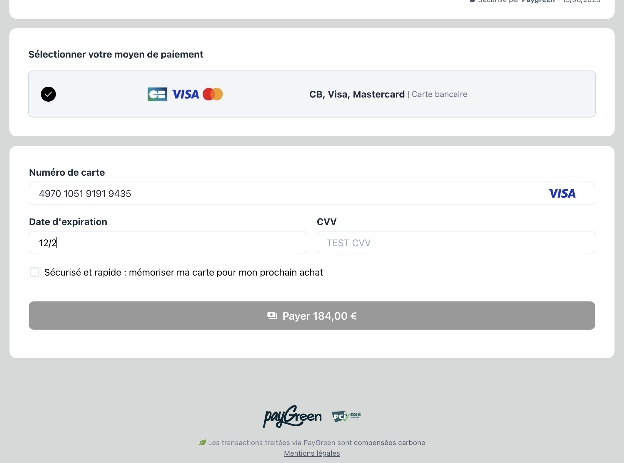 Saisissez vos numéro de carte bancaire