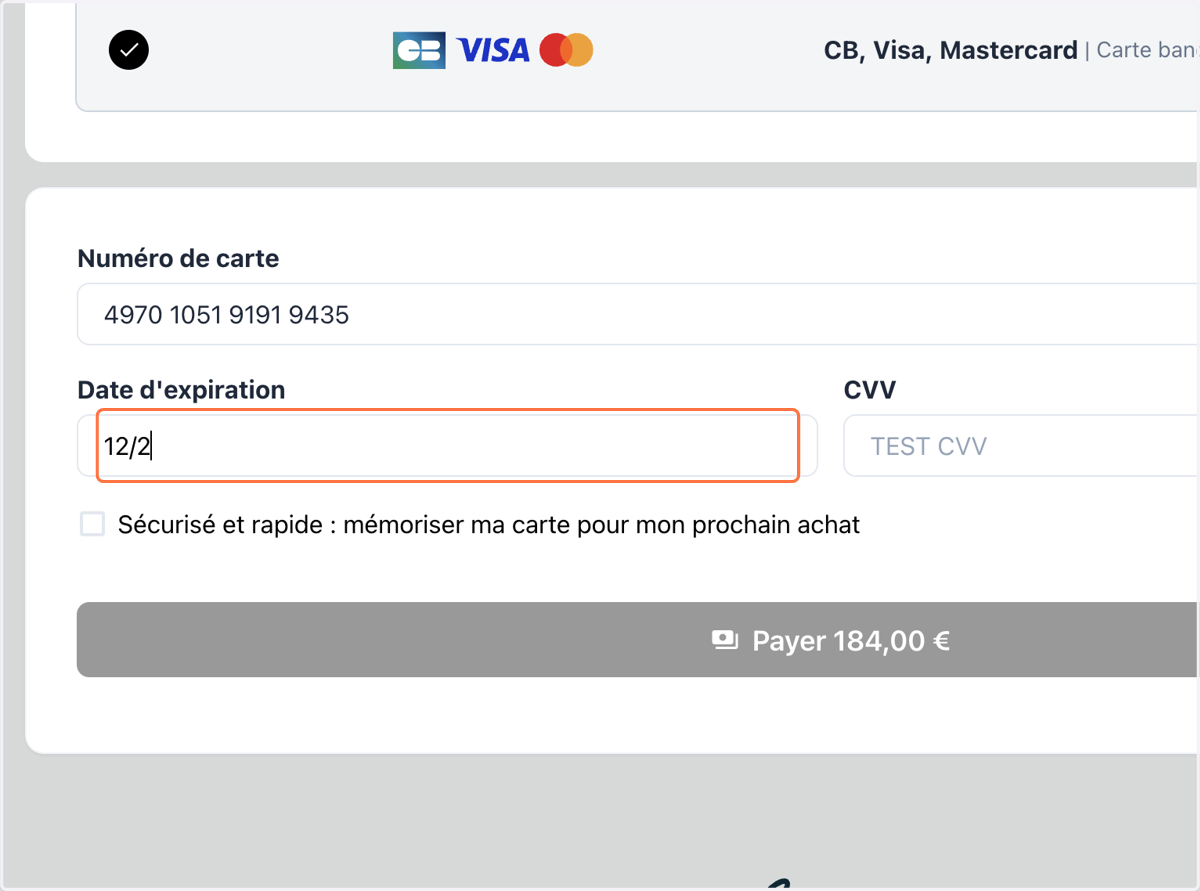 Saisissez vos numéro de carte bancaire
