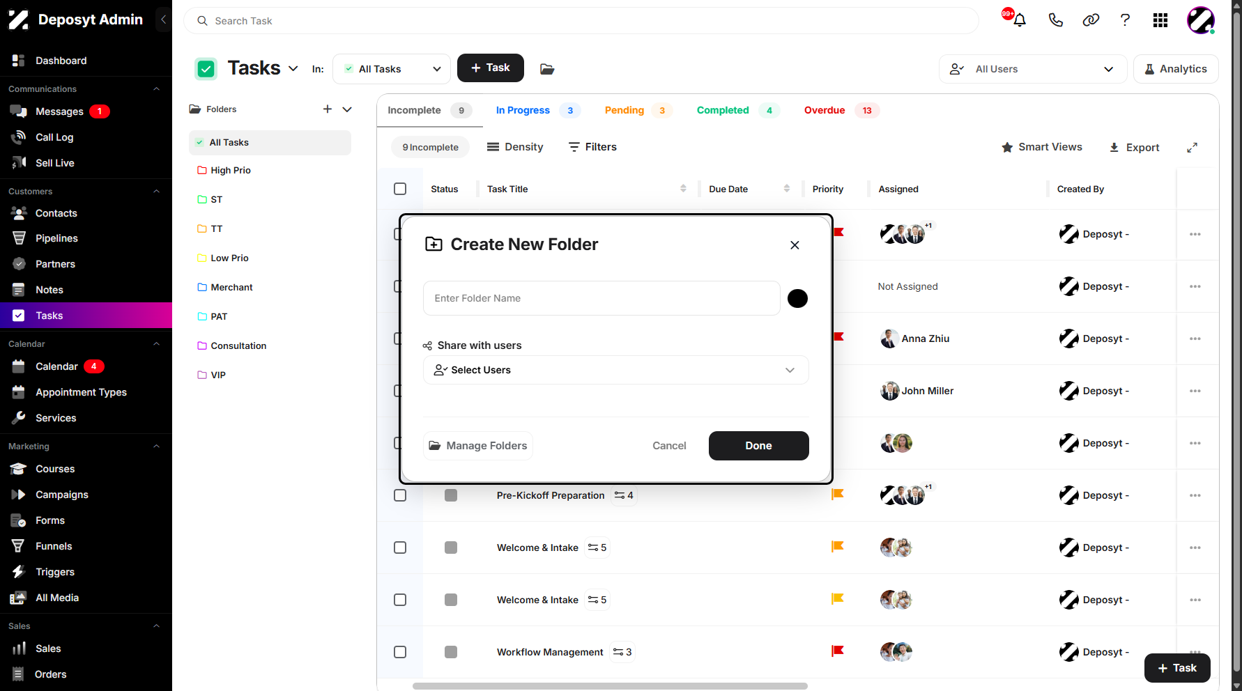Step 8: A pop-up window will appear, prompting you to enter a folder name and choose a color for organization. You can also select multiple users to assign to the new folder.