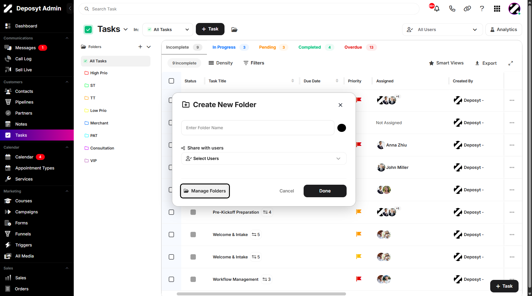 Step 9: A Manage Folders button is also available.