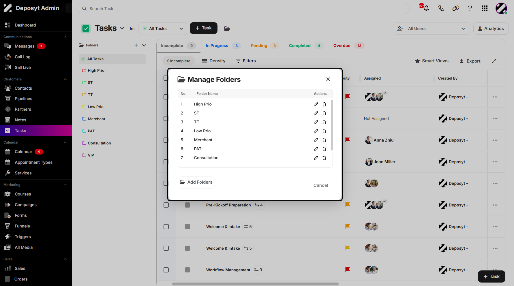 Step 10: From here, you can edit or delete existing folders. You can also click the Add Folders button to create new ones.