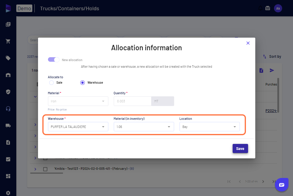 Select the warehouse and fill in the details and click on 'Save'