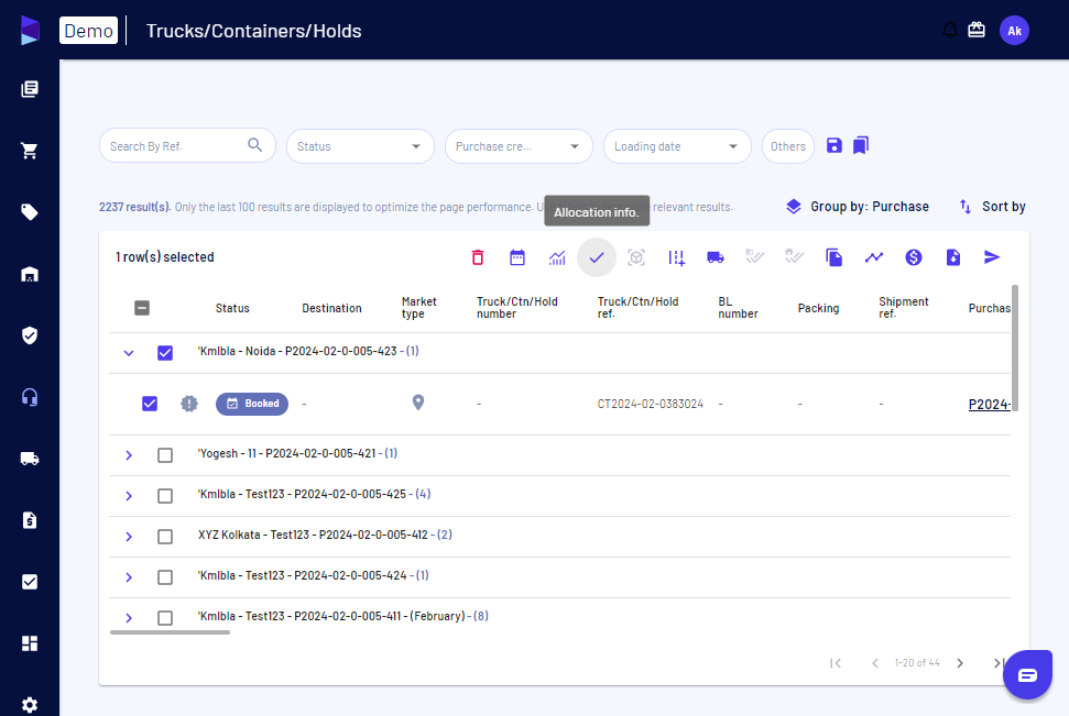 On the containers page, select the container(s) and click on 'Allocation info'