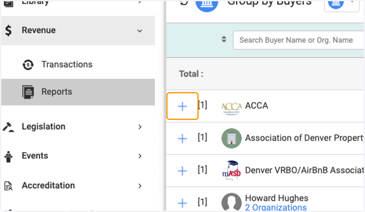 To expand for any organization, click on the Plus sign to the left to expand the invoices within