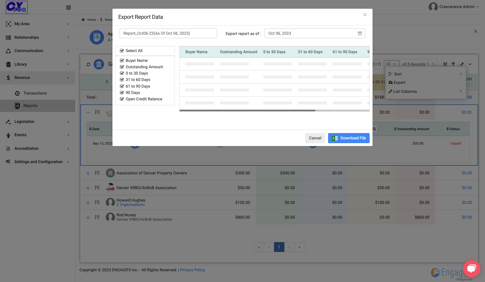 Choose the fields in the left hand section that you want in your export