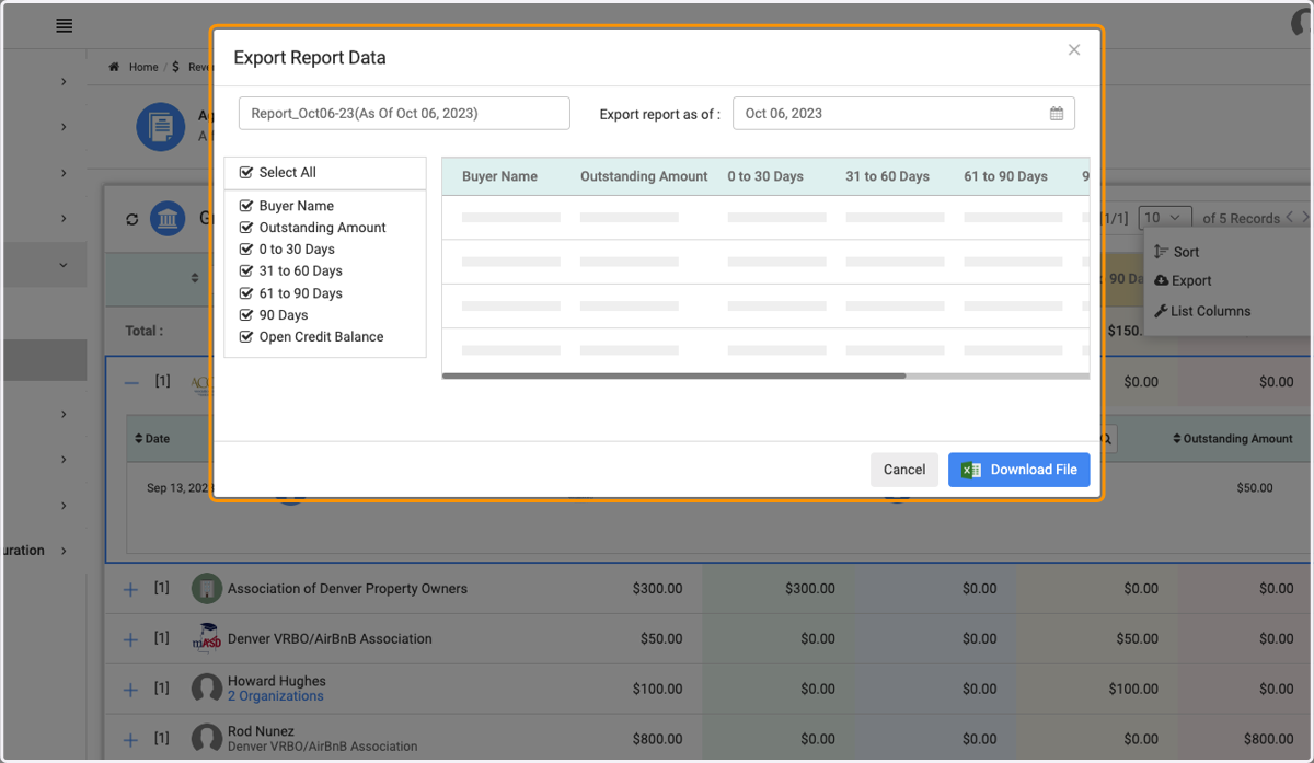 Choose the fields in the left hand section that you want in your export