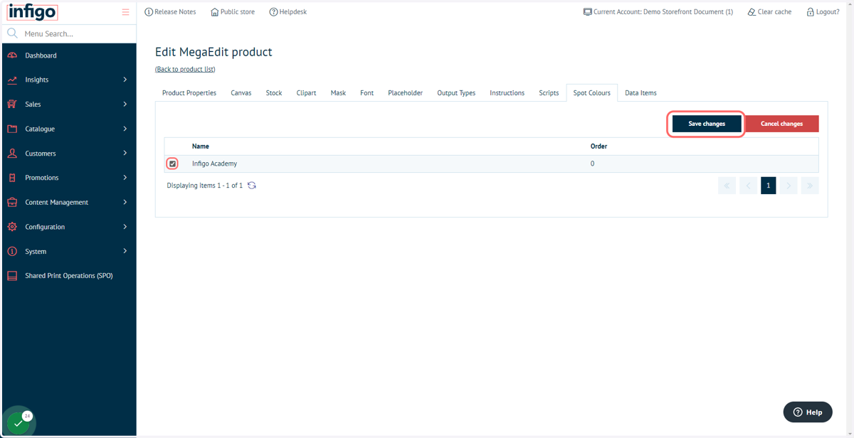 Select the checkbox next to the relevant Spot Colour Category and click Save changes