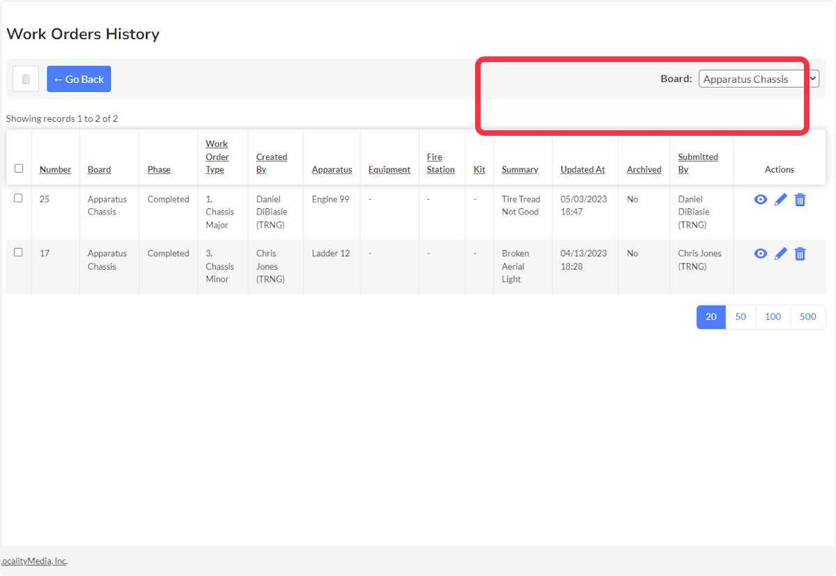 From within the work order history view, select the work order board by using the Board dropdown. 