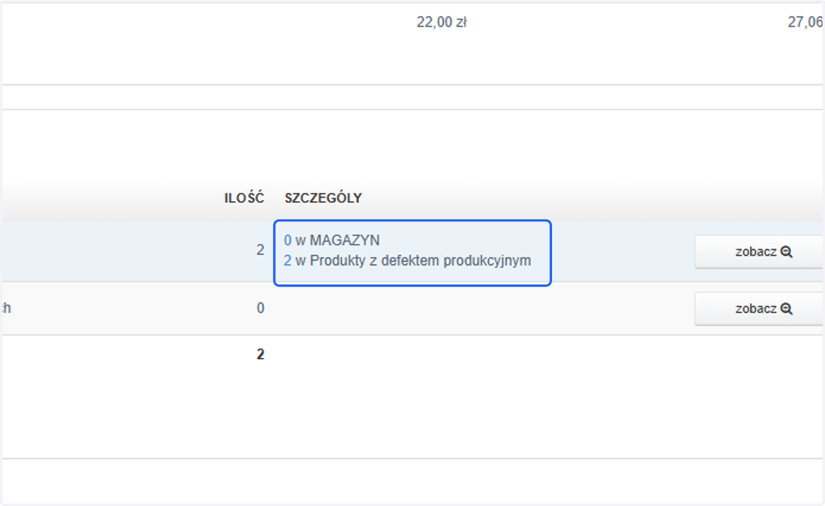W magazynie 'Produkty z defektem produkcyjnym', na którym podczas wystawiania RW było 10 sztuk książki, pozostały 2 sztuki.
