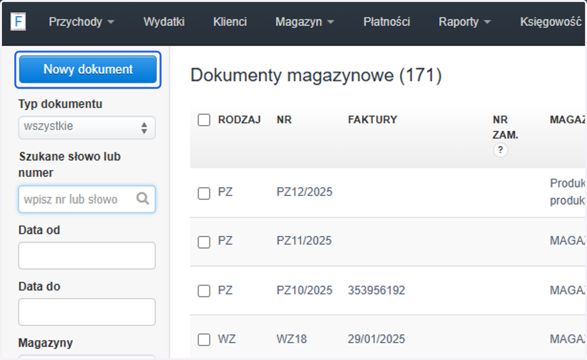 Kliknij przycisk 'Nowy dokument', by utworzyć nowy dokument magazynowy.